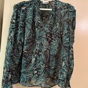 Chic Teal and Black Patterned Blouse